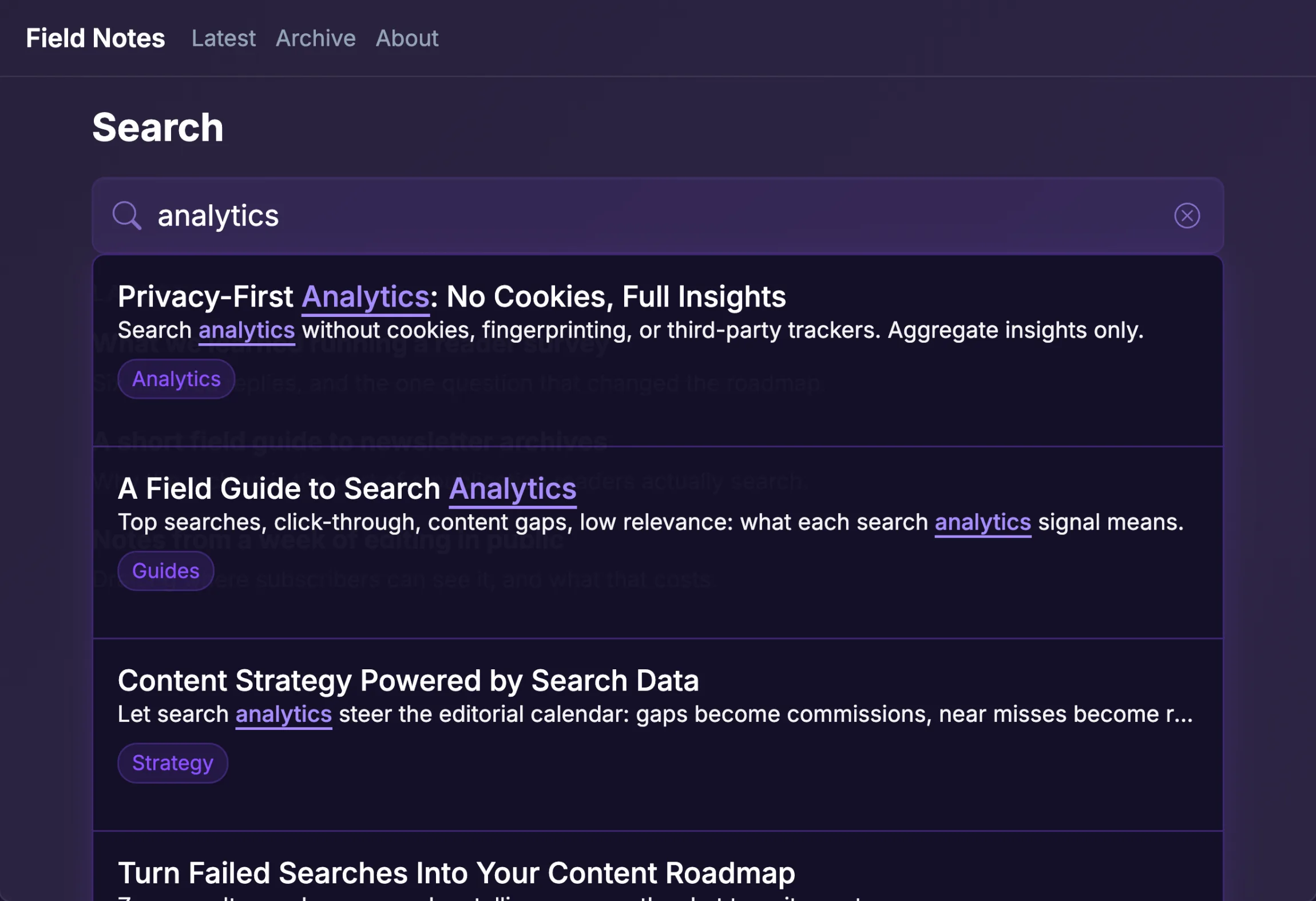 Search input embedded on a page with styled results listed beneath it