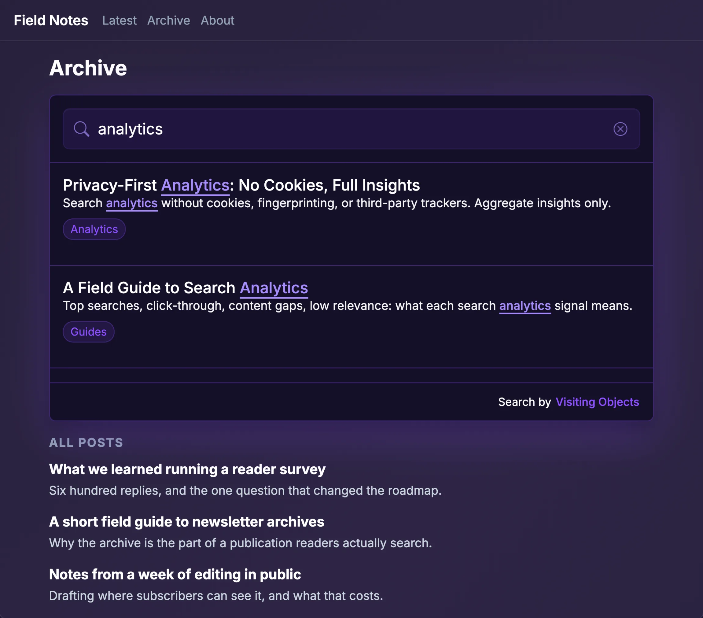 An always-open search surface sitting in the flow of an archive page, results listed beneath the input