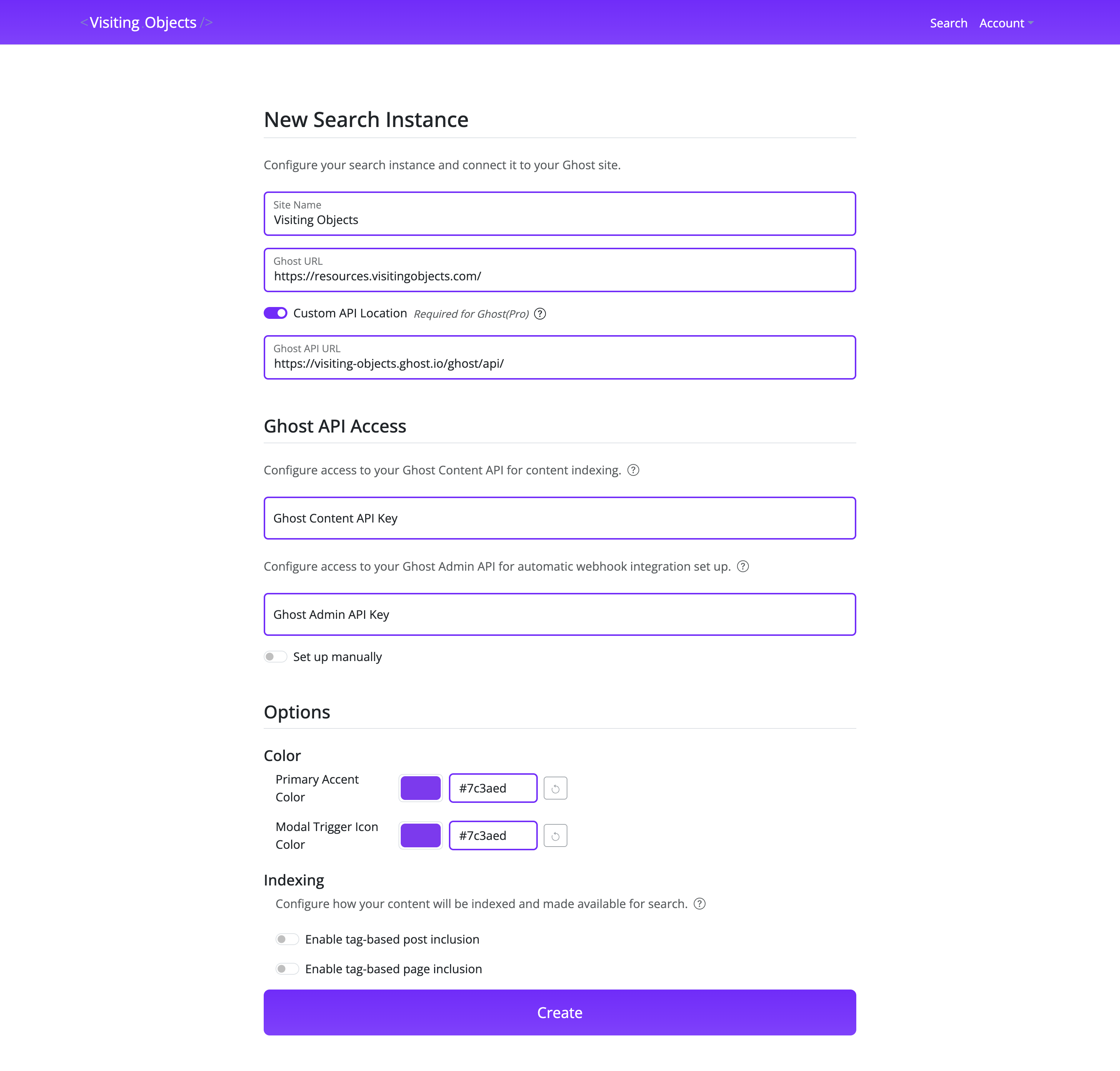 API keys input form with Content and Admin API key fields