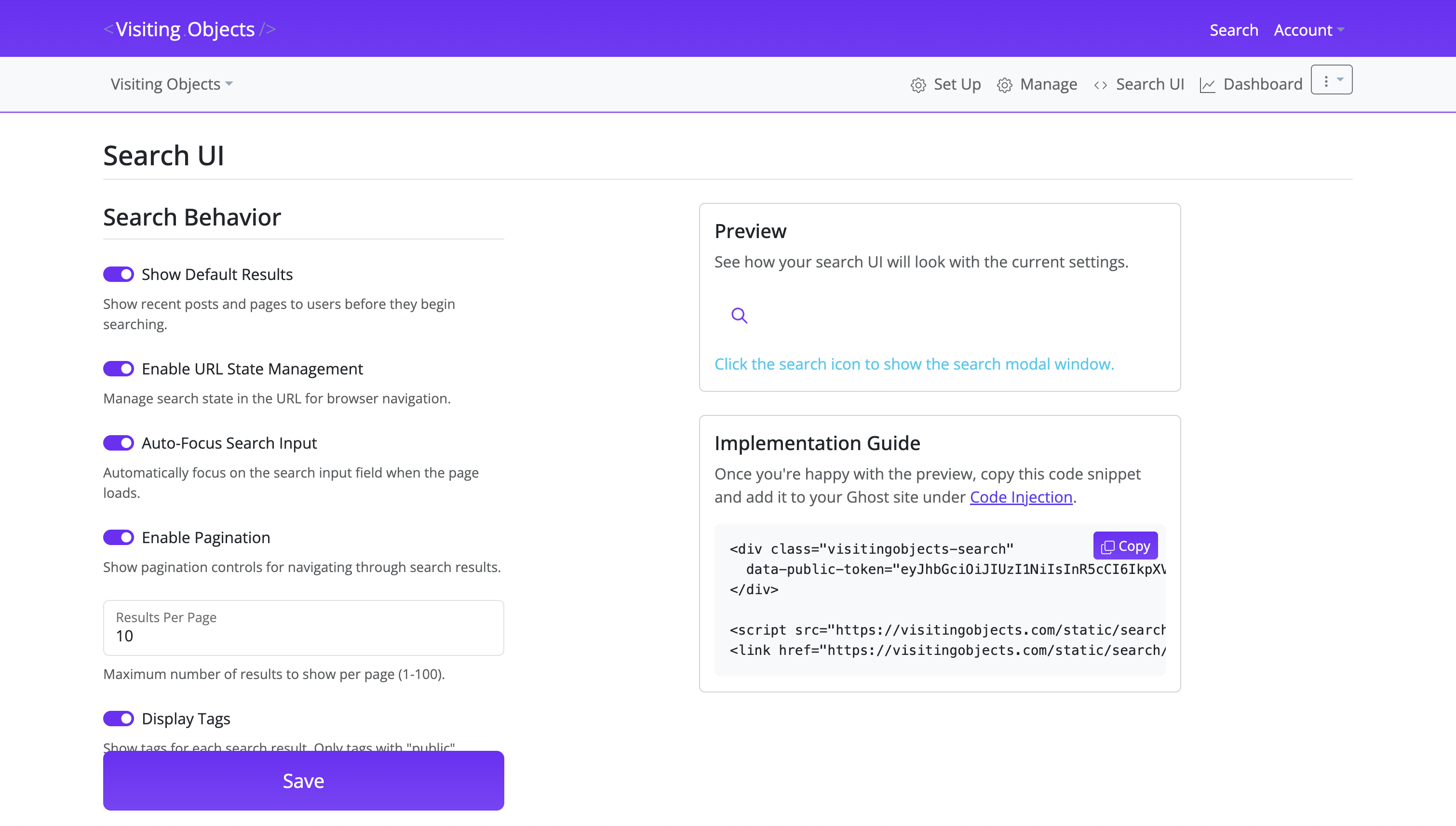 Search UI implementation guide with code snippet